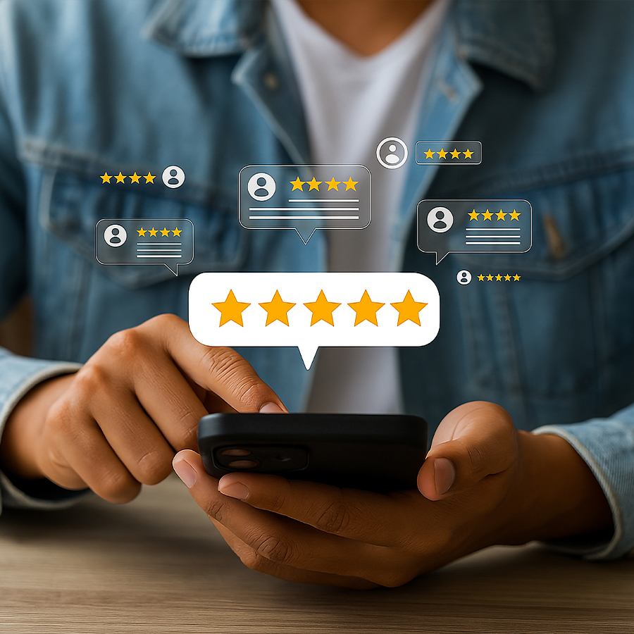 Person Reading Positive Customer Reviews on Smartphone Excellent Feedback