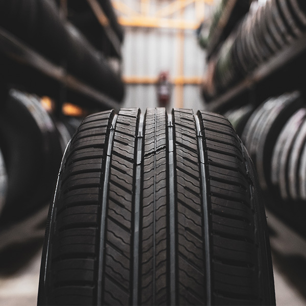 Up close detail shot of a tire in warehouse