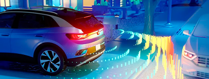 A Dusk Blue Metallic Volkswagen ID.4 backing down a driveway with visual elements to show sensors and cameras used to detect an oncoming vehicle.