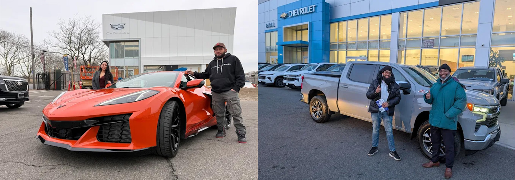 Happy customers at the dealership with their new purchase