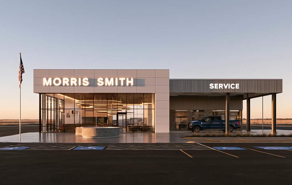 Exterior of Morris Smith dealership at dusk
