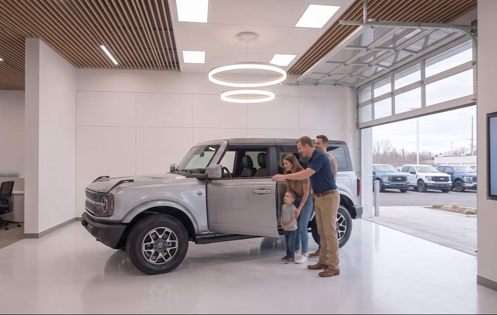 Family viewing a Bronco in the delivery room