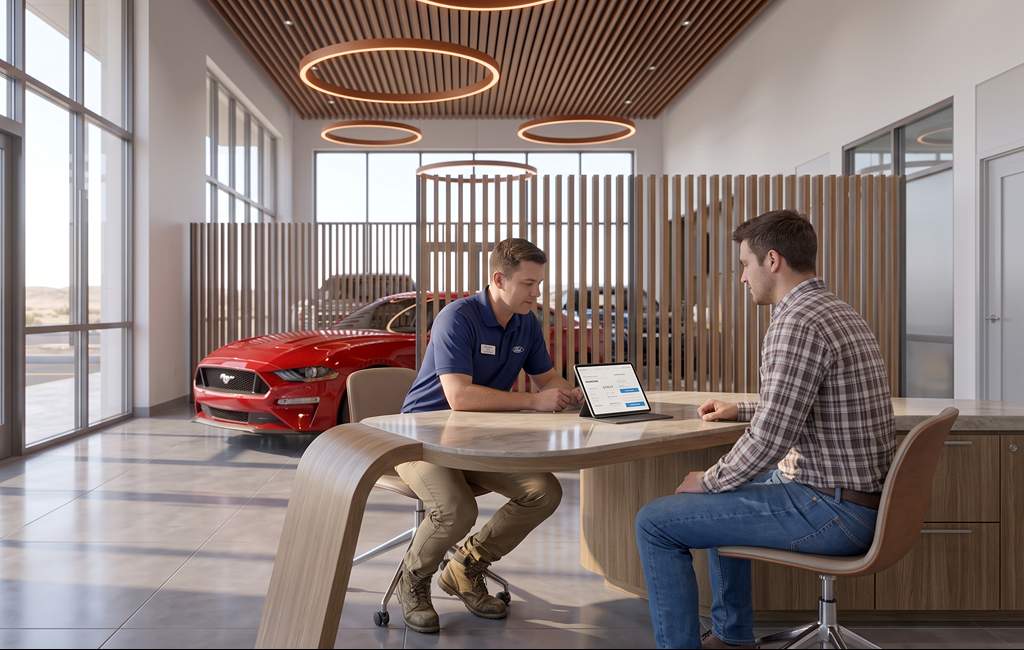 Sales consultation with Mustang in showroom