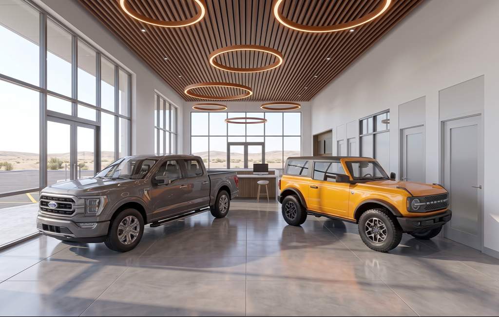 Ford truck and Bronco on showroom floor