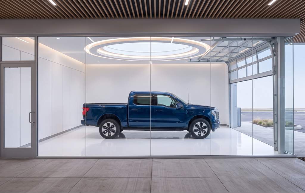 Blue Ford pickup in display bay