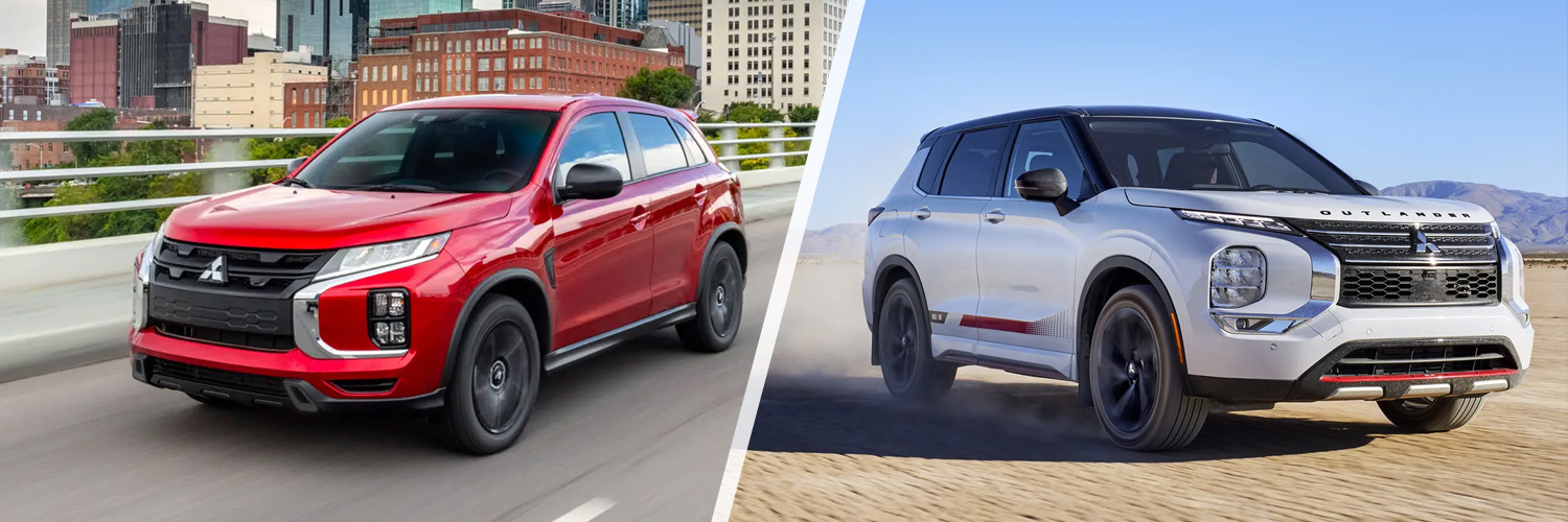 Left: A red 2024 Mitsubishi Outlander Sport SUV driving on the road. Right: A 2024 Mitsubishi Outlander Ralliart edition
