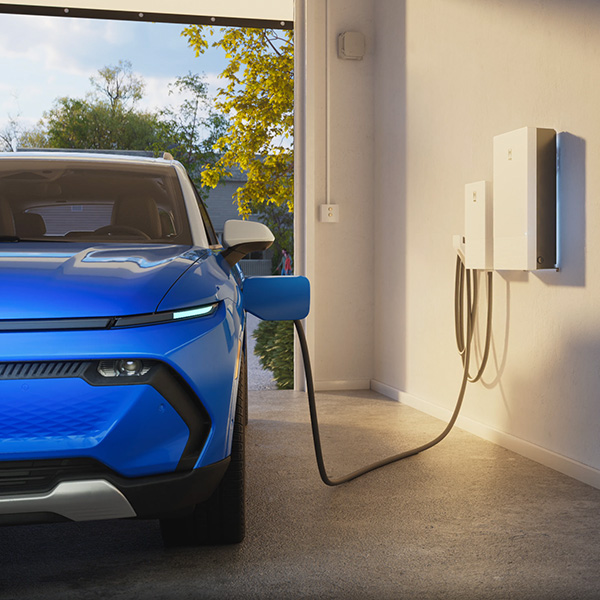 At home charging station in a garage